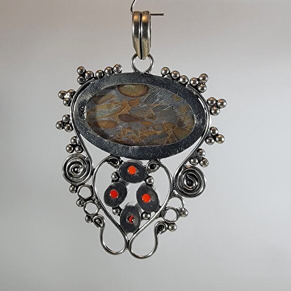 Handmade Silver Pendant With Fossil Coral Gemstone & Faceted Red Garnet Accent - Picture 2 of 10